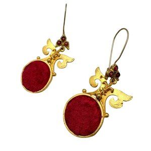 Handmade Turkish Red Velvet Gold-Tone Dangle Earrings Hook Closure